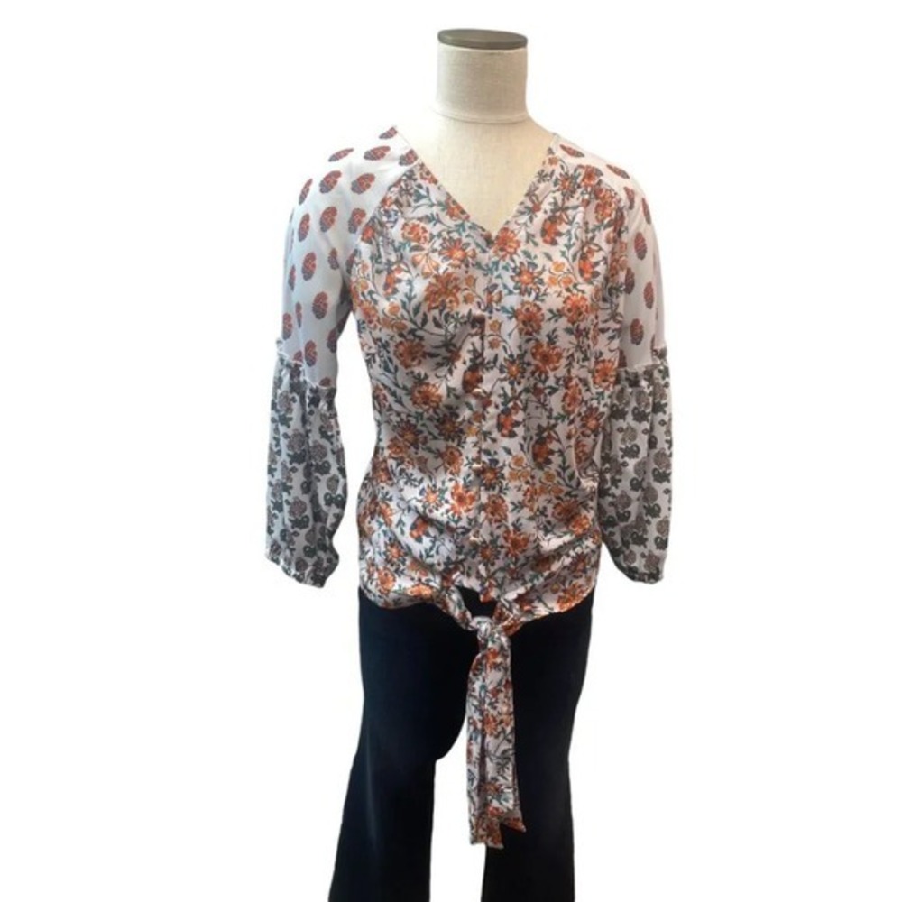 Boho Floral Print Tie Front Blouse Women's‎ Long Sleeve V Neck Orange